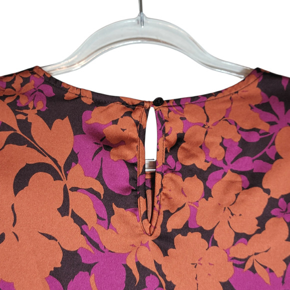 Pleione Floral Silky Blouse Scoop Neck Long Sleeve Purple Orange Black Top Large - Picture 9 of 13
